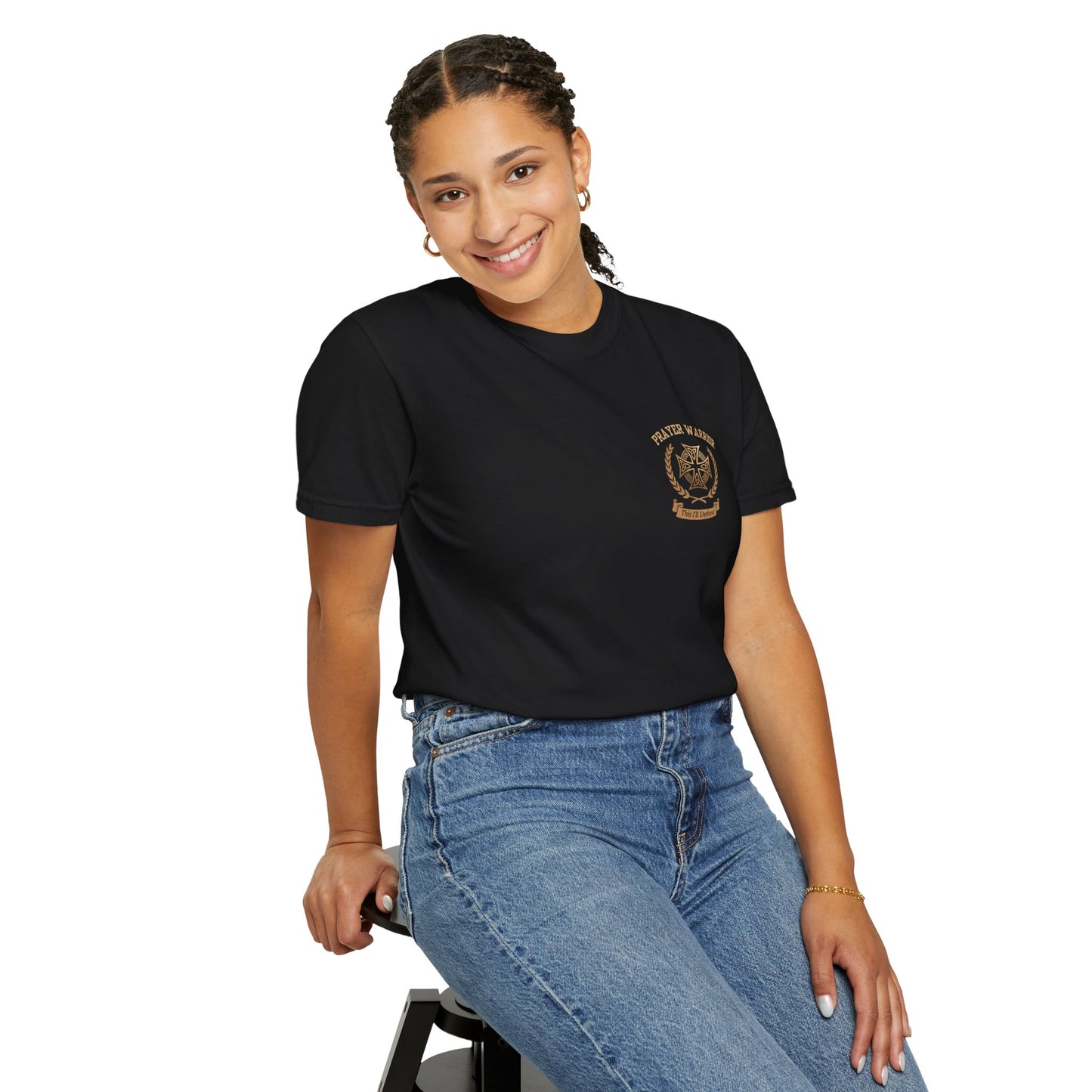 A woman wearing Prayer Warrior faith tee in Black - front view showing PRAYER WARRIOR with Celtic cross crest on chest