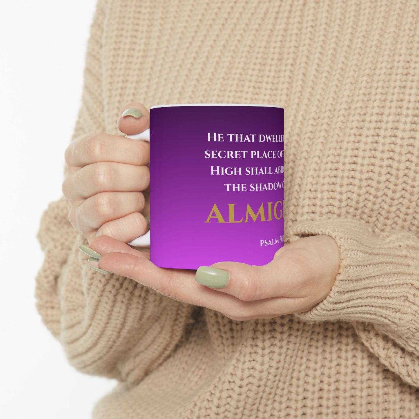 He That Dwelleth Scripture Mug | Psalm 91:1 | Nobility Purple with White & Gold Lettering