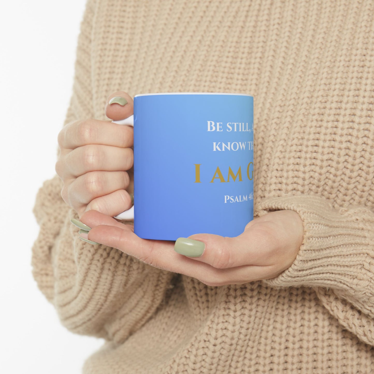 Be Still and Know That I Am God Scripture Mug | Psalm 46:10 | Heavenly Skies with White & Gold Lettering