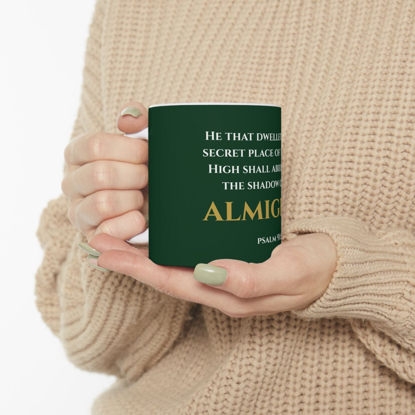 He That Dwelleth Scripture Mug | Psalm 91:1 | Legacy Emerald with White & Gold Lettering