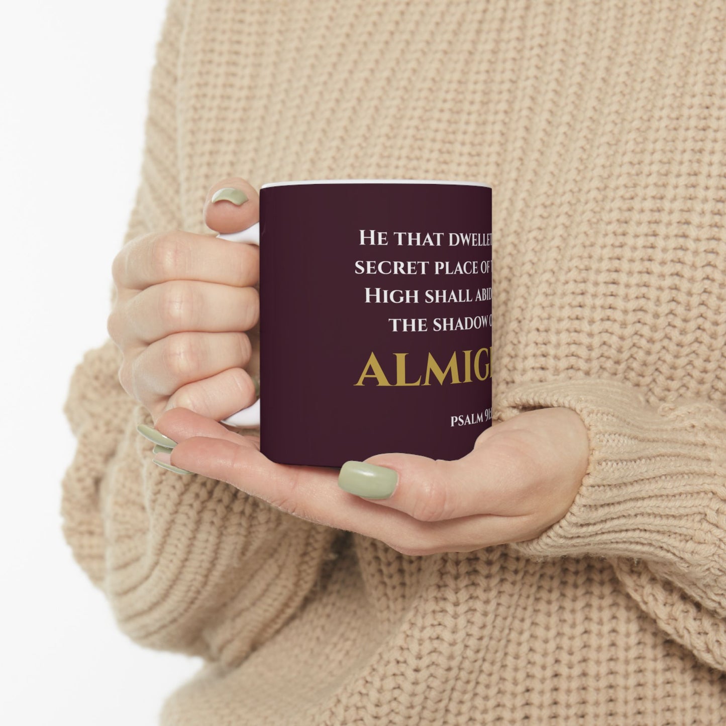 He That Dwelleth Scripture Mug | Psalm 91:1 | Redeemed Scarlet with White & Gold Lettering