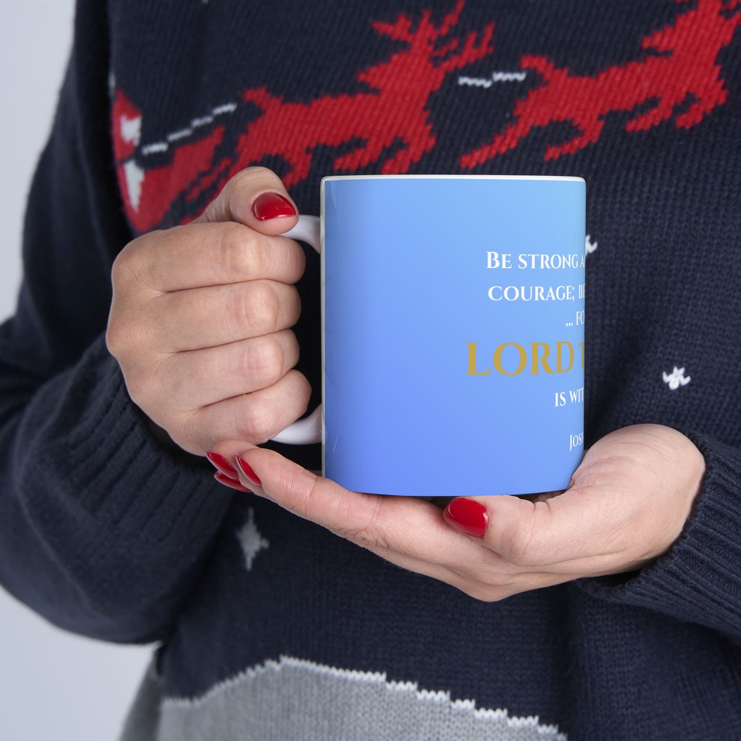 Be Strong and Courageous Scripture Mug | Joshua 1:9 | Heavenly Skies with White & Gold Lettering