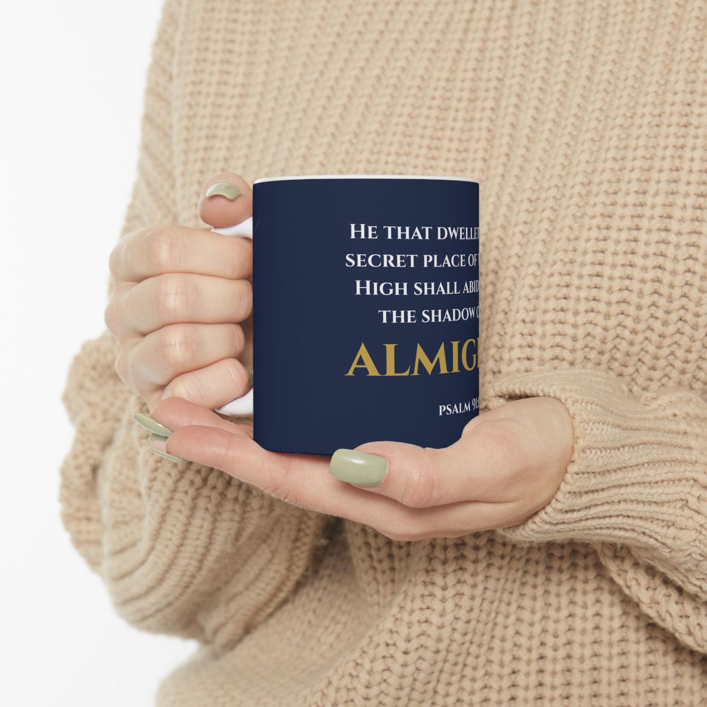 He That Dwelleth Scripture Mug | Psalm 91:1 | Faithful Midnight with White & Gold Lettering