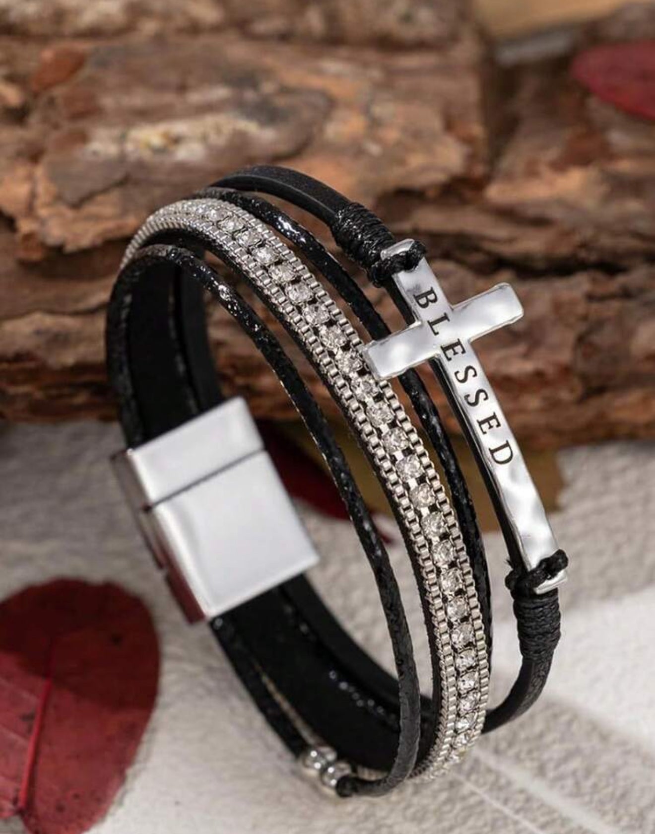 Dark Leather Multi-Strand Cross Bracelet