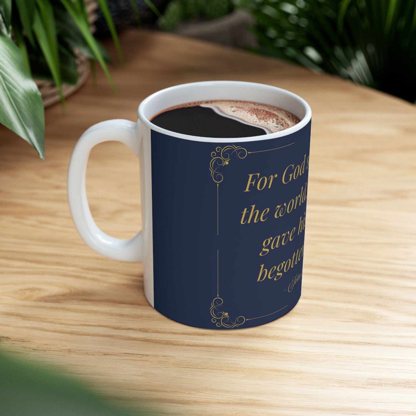 For God So Loved the World — Inspirational Scripture Mug (11oz/15oz) Navy | Playfair Display