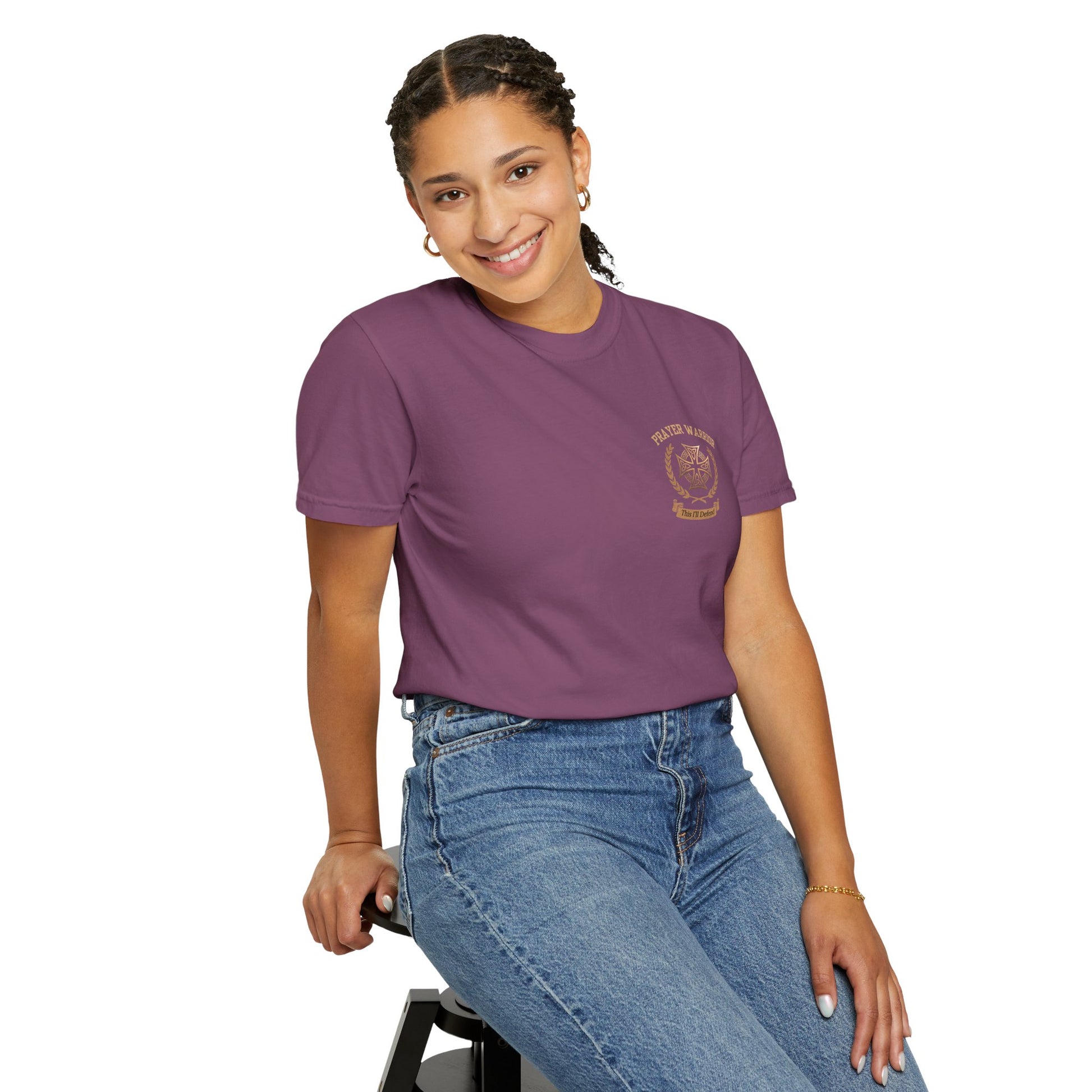 A woman wearing Prayer Warrior faith tee in Berry  - front view showing PRAYER WARRIOR with Celtic cross crest on chest