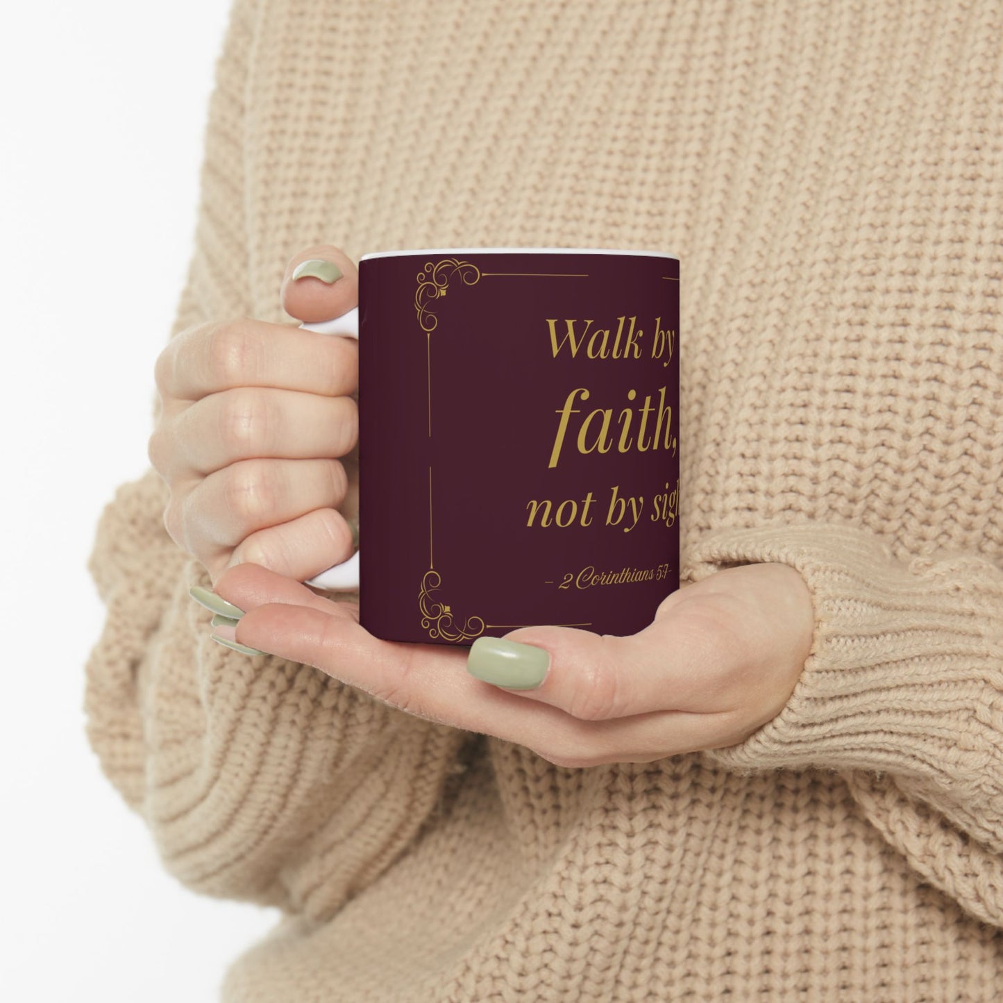 Walk by Faith — Inspirational Scripture Mug (11oz/15oz) Burgundy | Playfair Display
