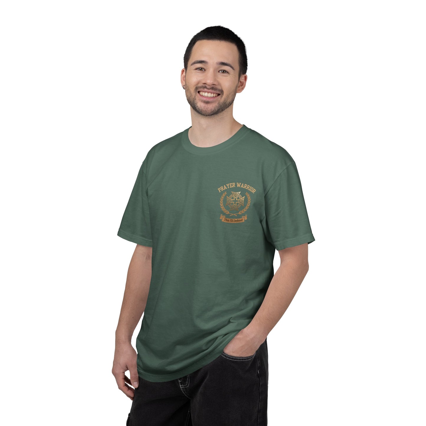 Person wearing I Kneel Only To God faith tee in Blue Spruce — front view showing Prayer Warrior Celtic cross crest on chest