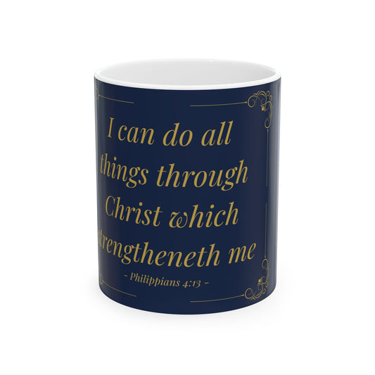 I Can Do All Things — Inspirational Scripture Mug (11oz/15oz) Navy | Playfair Display
