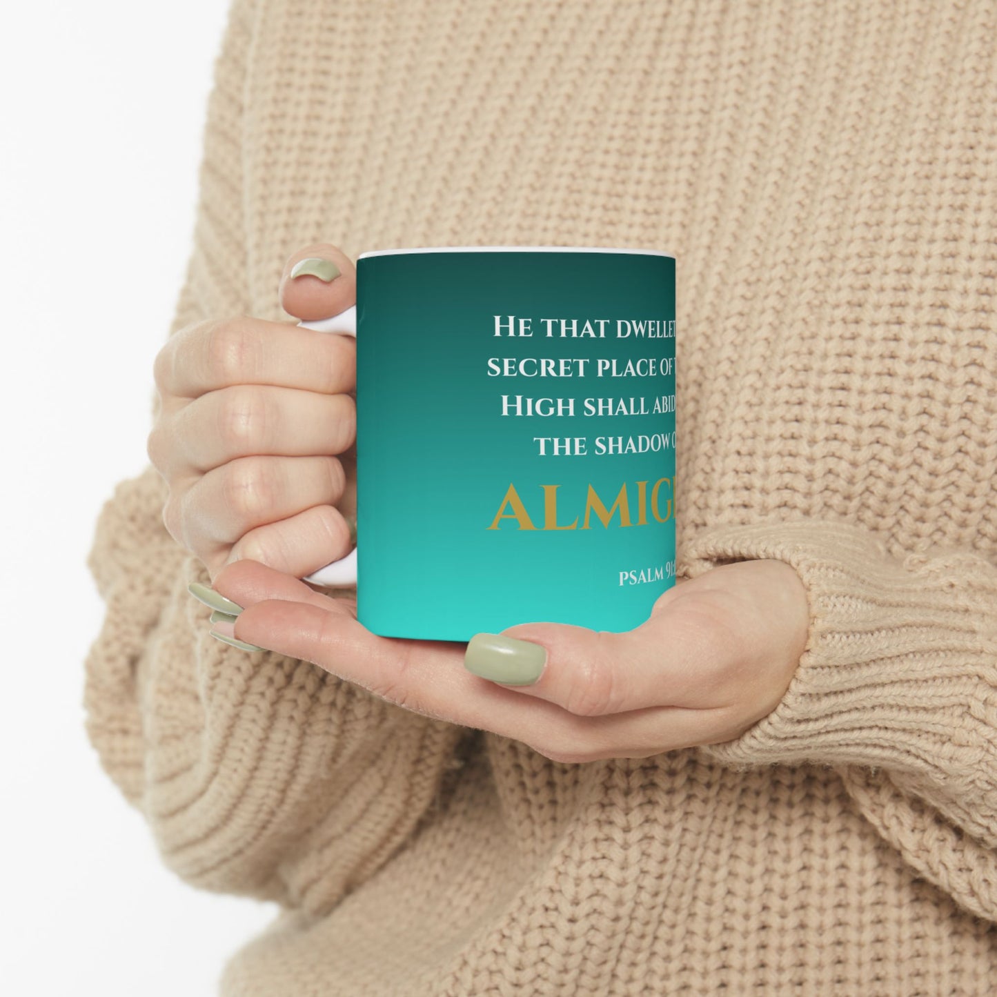 He That Dwelleth Scripture Mug | Psalm 91:1 | Tranquil Tide with White & Gold Lettering