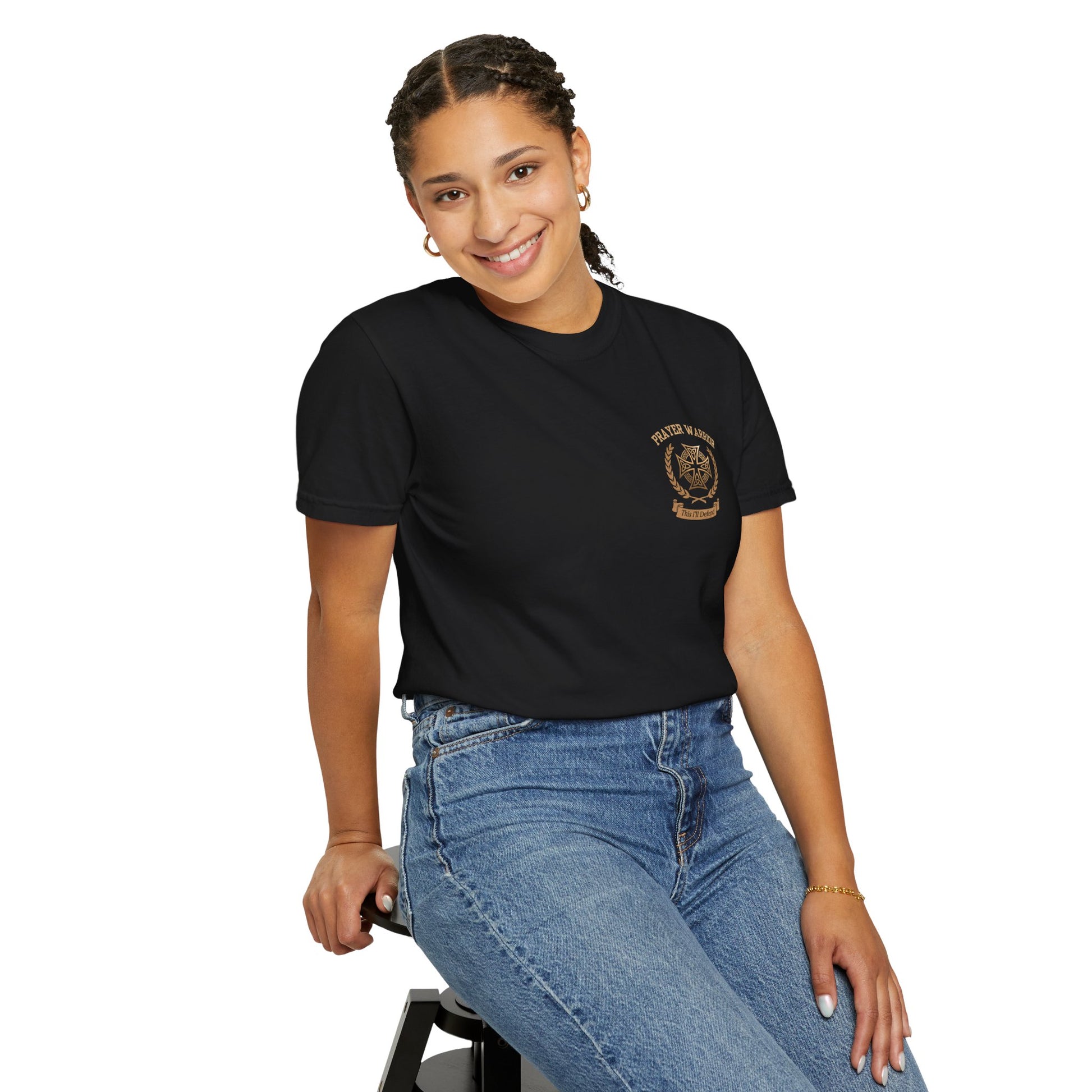 A woman wearing Prayer Warrior faith tee in Black - front view showing PRAYER WARRIOR with Celtic cross crest on chest