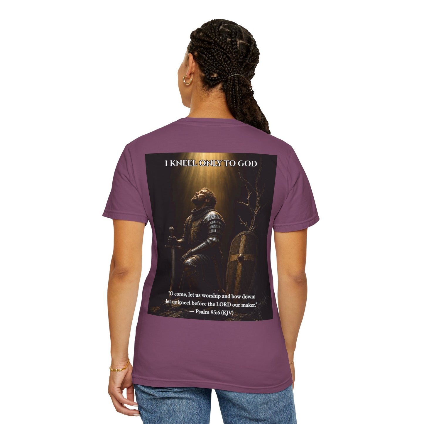 Person wearing I Kneel Only To God faith tee in Berry — front view showing Prayer Warrior Celtic cross crest on chest