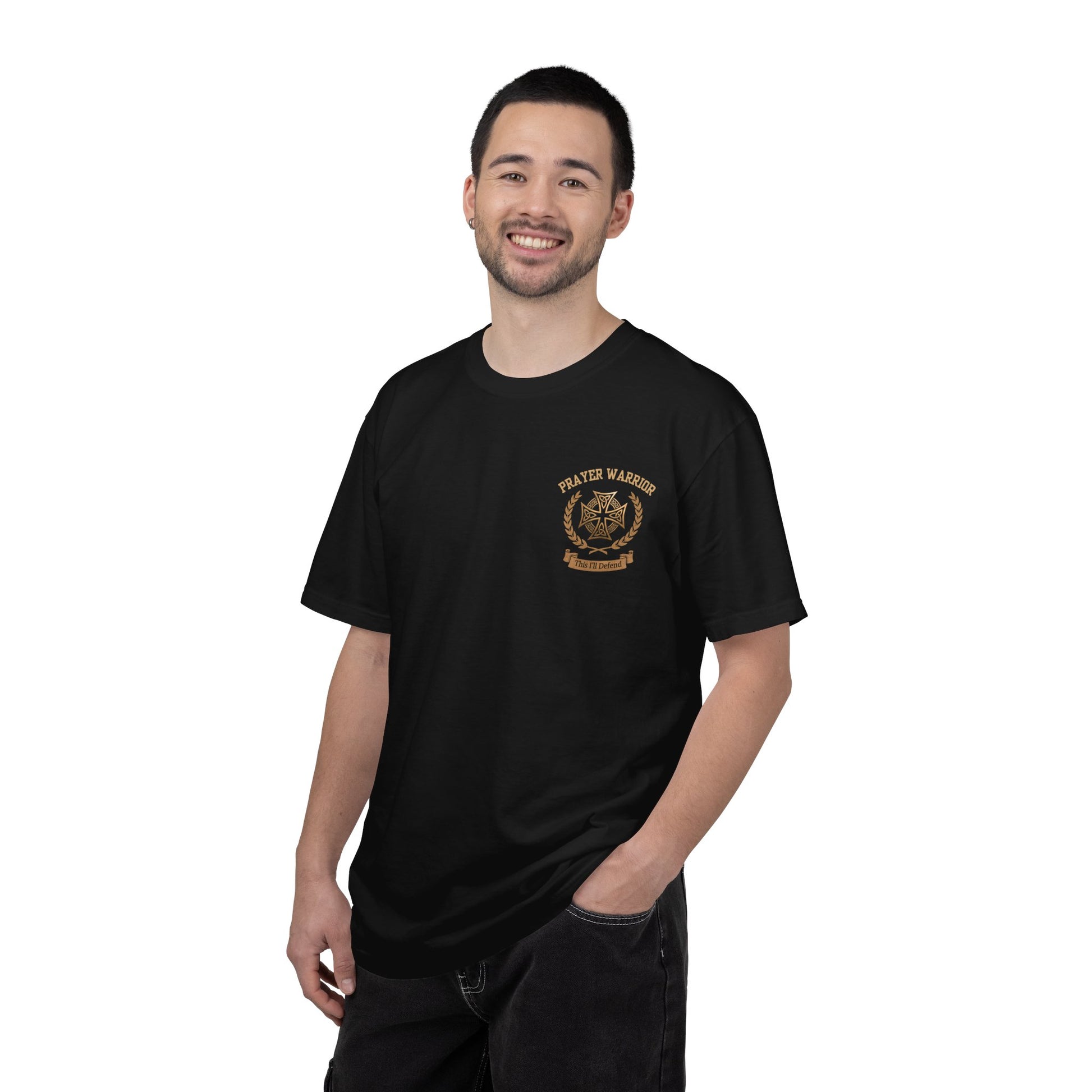 Person wearing I Kneel Only To God faith tee in Black — front view showing Prayer Warrior Celtic cross crest on chest