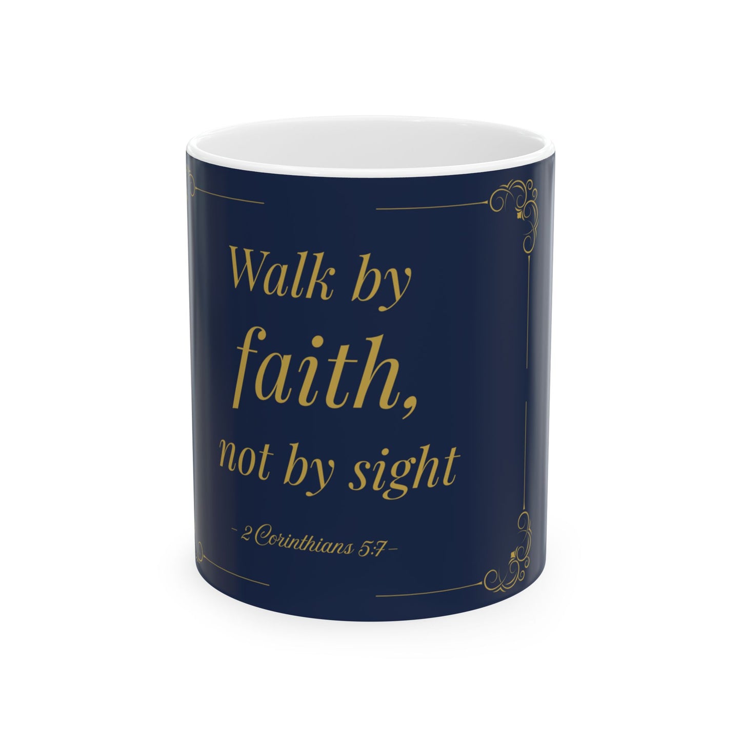 Walk by Faith — Inspirational Scripture Mug (11oz/15oz) Navy | Playfair Display
