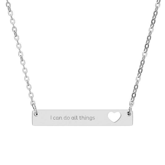 "I Can Do All Things" — Cutout Heart Bar Necklace | Faith Scripture Jewelry | Philippians 4:13