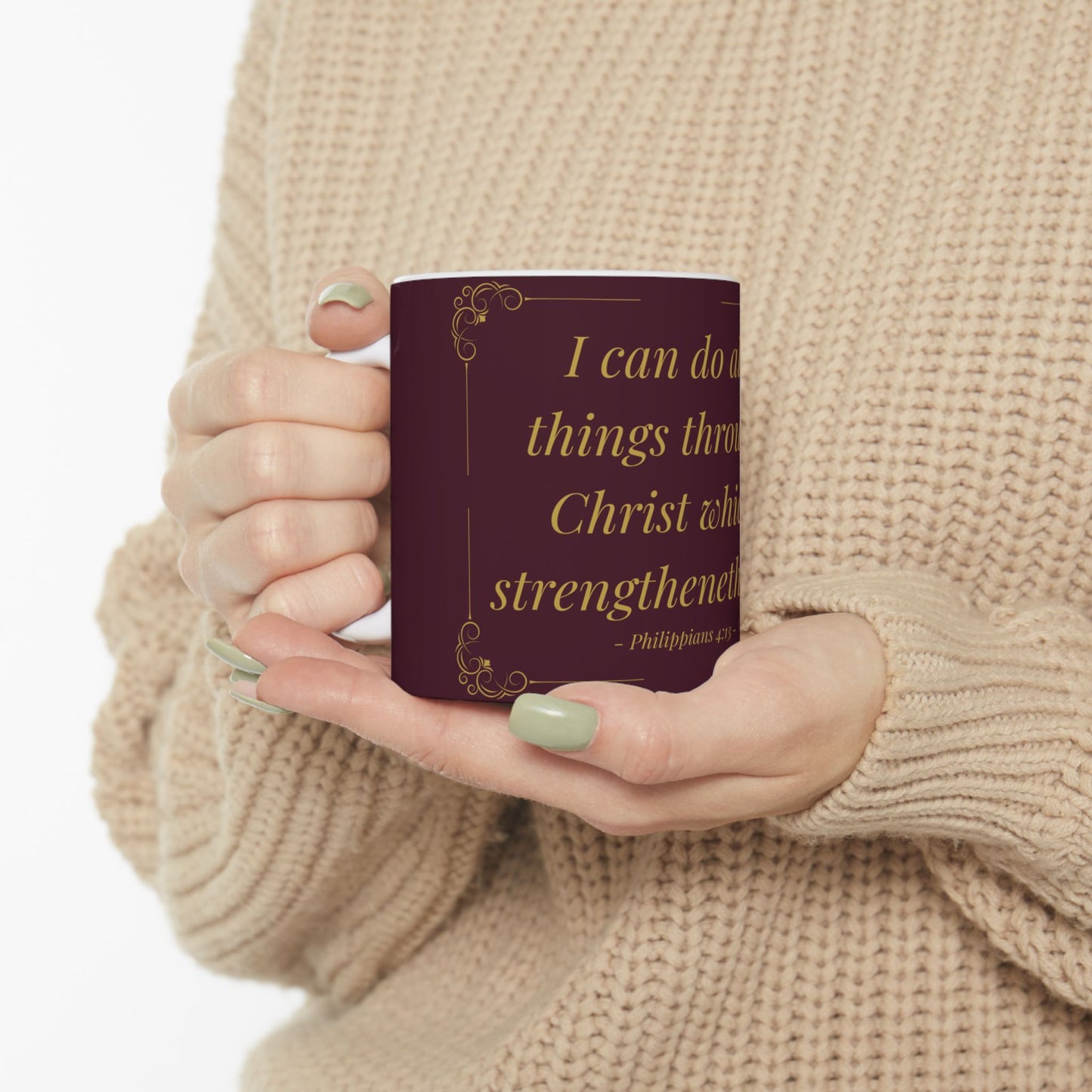 I Can Do All Things — Inspirational Scripture Mug (11oz/15oz) Burgundy | Playfair Display
