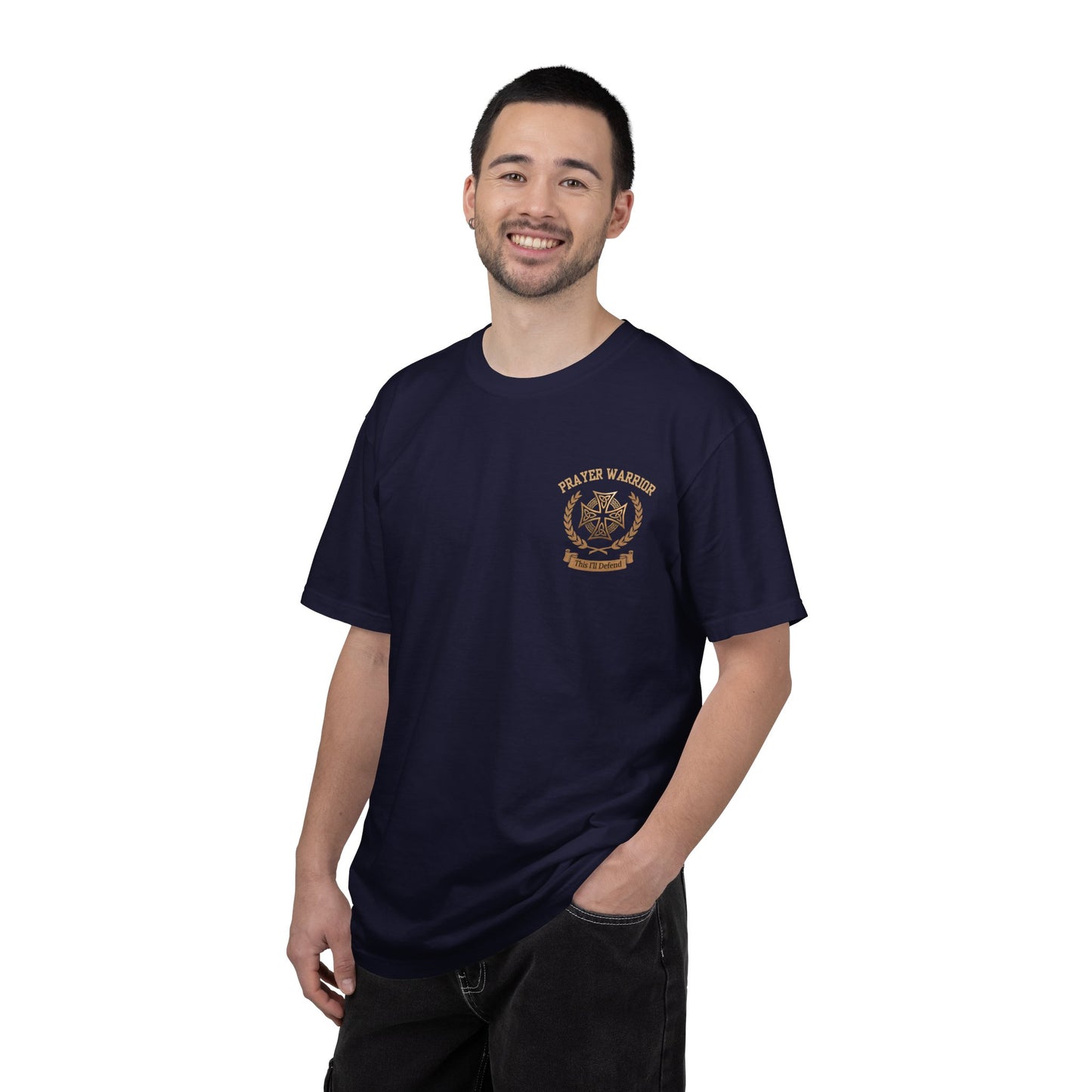 Person wearing I Kneel Only To God faith tee in True Navy — front view showing Prayer Warrior Celtic cross crest on chest