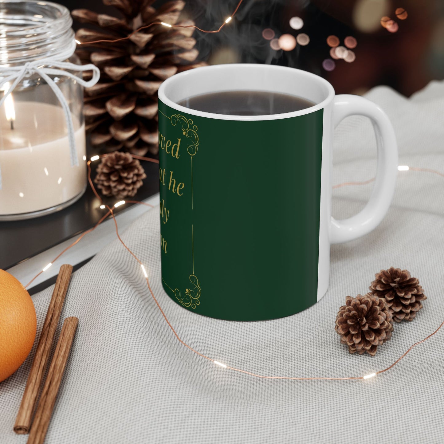 For God So Loved the World — Inspirational Scripture Mug (11oz/15oz) Emerald Night | Playfair Display