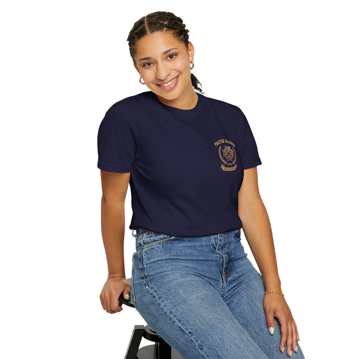 A woman wearing Prayer Warrior faith tee in True Navy - front view showing PRAYER WARRIOR with Celtic cross crest on chest