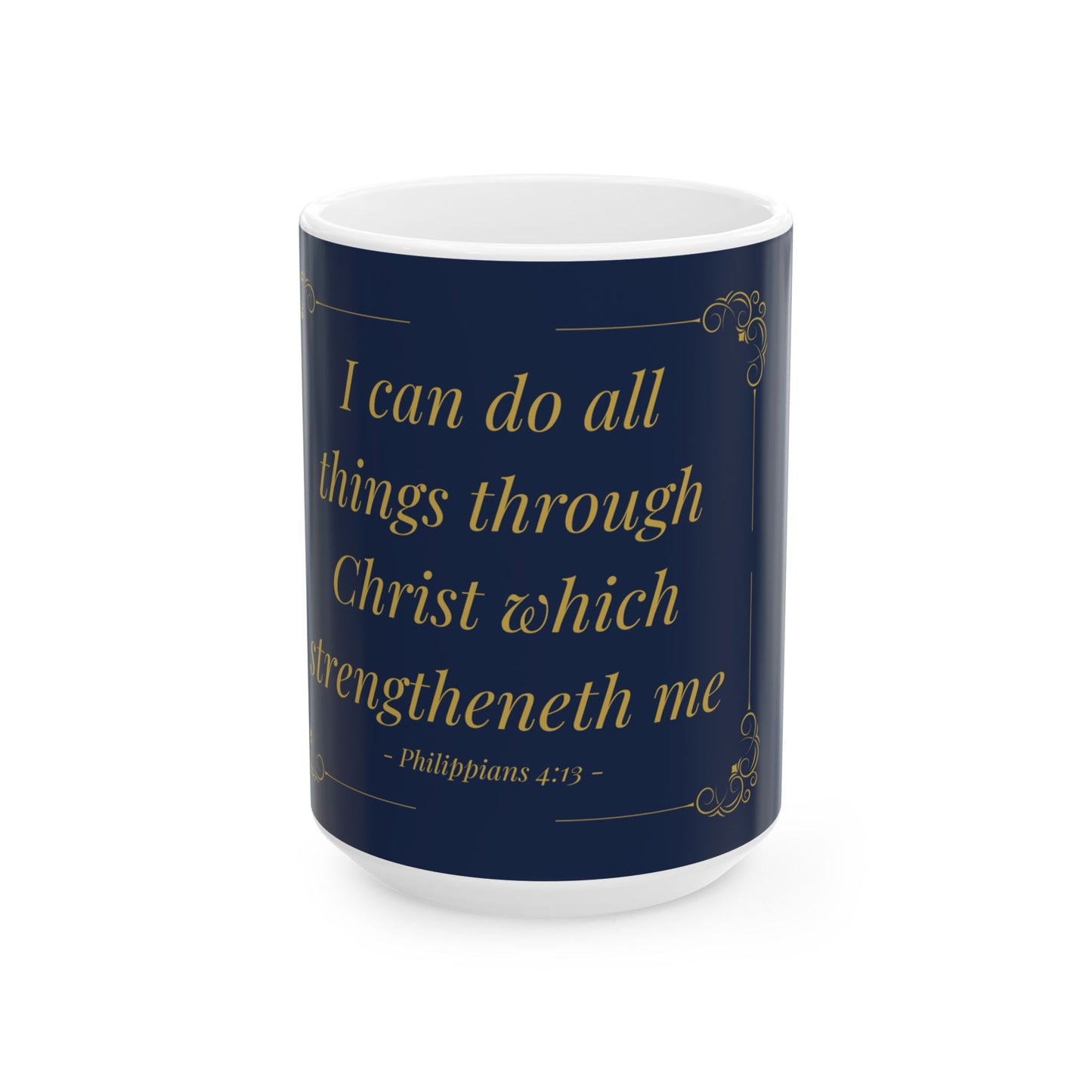 I Can Do All Things — Inspirational Scripture Mug (11oz/15oz) Navy | Playfair Display