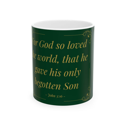 For God So Loved the World — Inspirational Scripture Mug (11oz/15oz) Emerald Night | Playfair Display