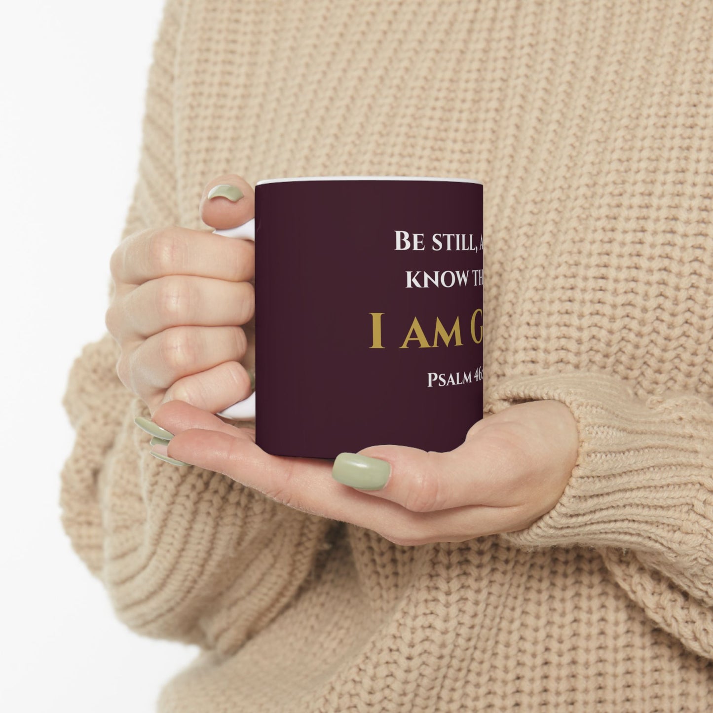 Be Still and Know That I Am God Scripture Mug | Psalm 46:10 | Redeemed Scarlet with White & Gold Lettering
