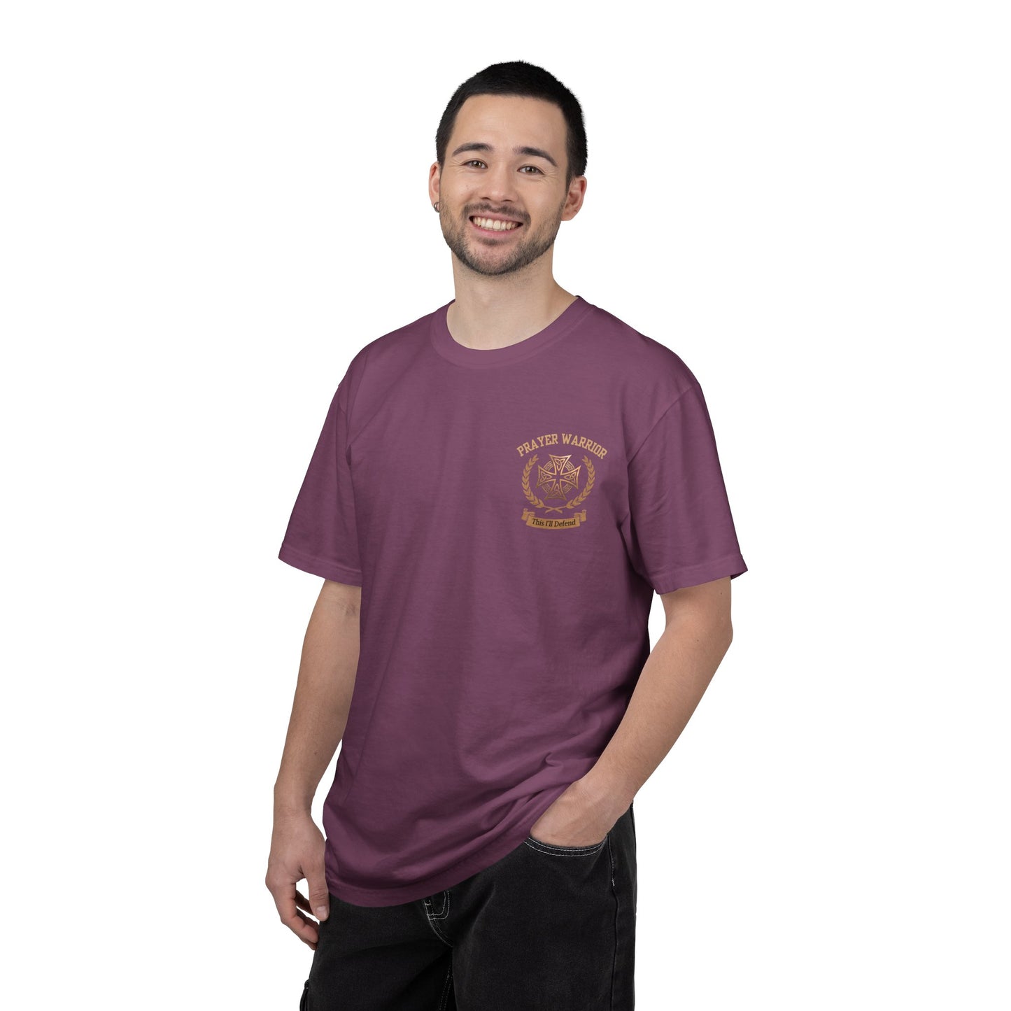 Person wearing I Kneel Only To God faith tee in Berry — front view showing Prayer Warrior Celtic cross crest on chest