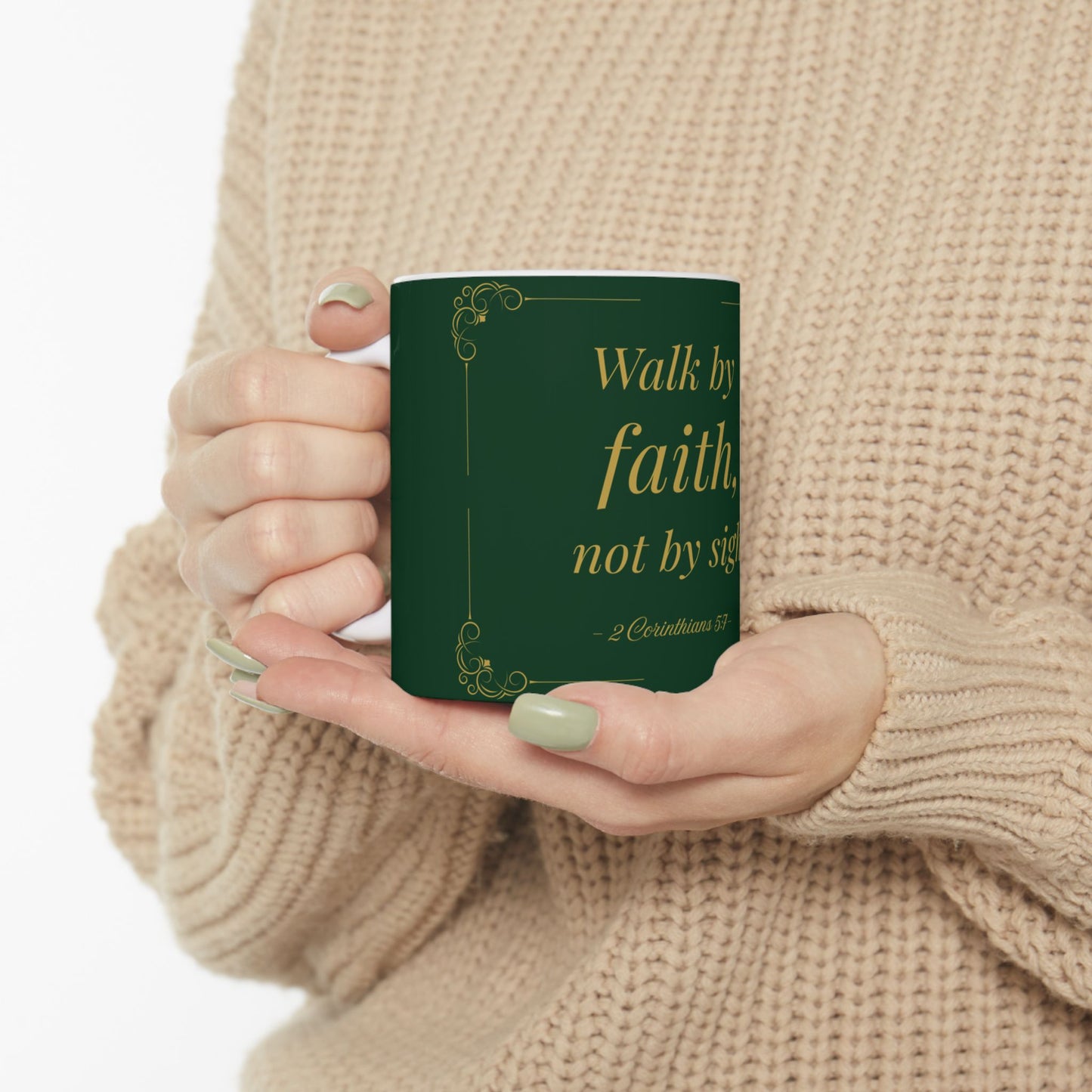 Walk by Faith — Inspirational Scripture Mug (11oz/15oz) Emerald Night | Playfair Display