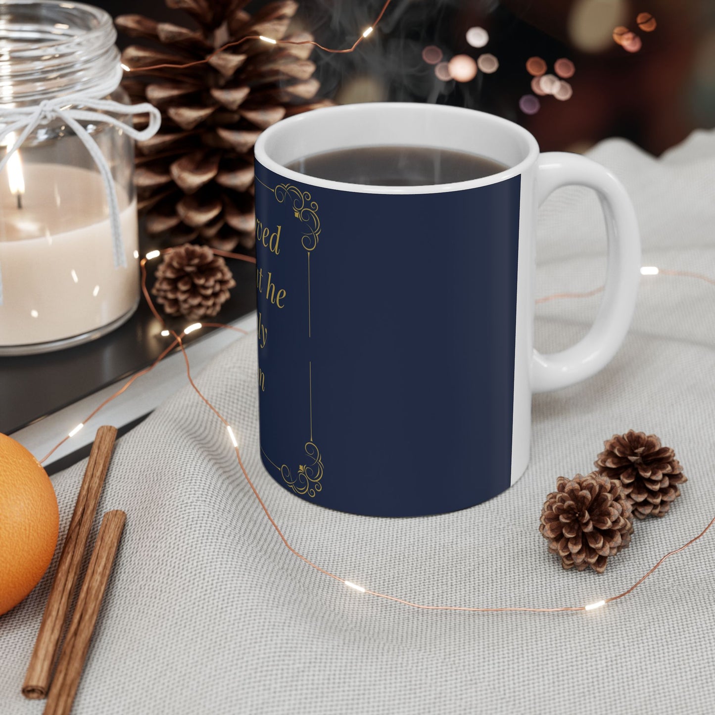 For God So Loved the World — Inspirational Scripture Mug (11oz/15oz) Navy | Playfair Display