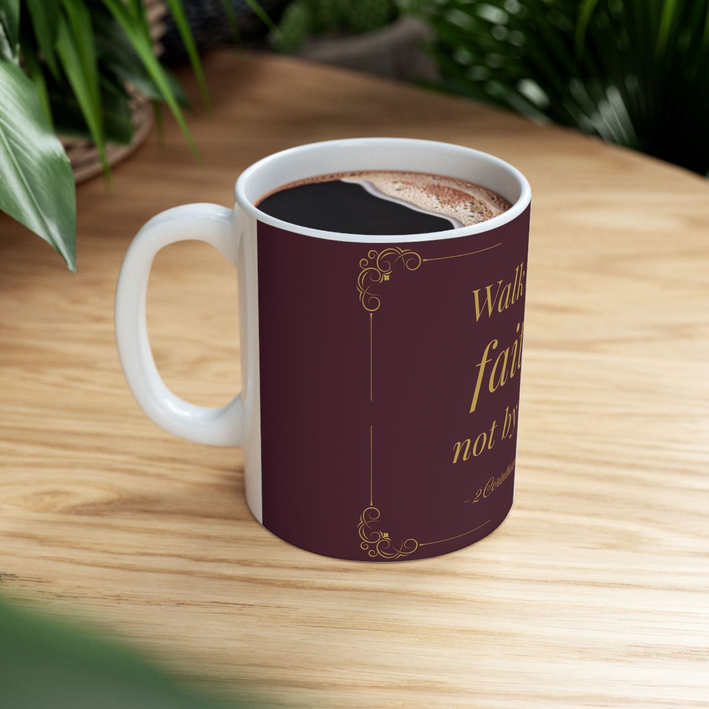 Walk by Faith — Inspirational Scripture Mug (11oz/15oz) Burgundy | Playfair Display