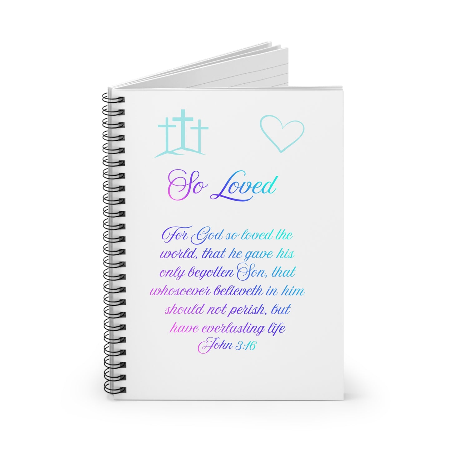 So Loved — John 3:16 Scripture Spiral Notebook | Faith Journal Purple Blue