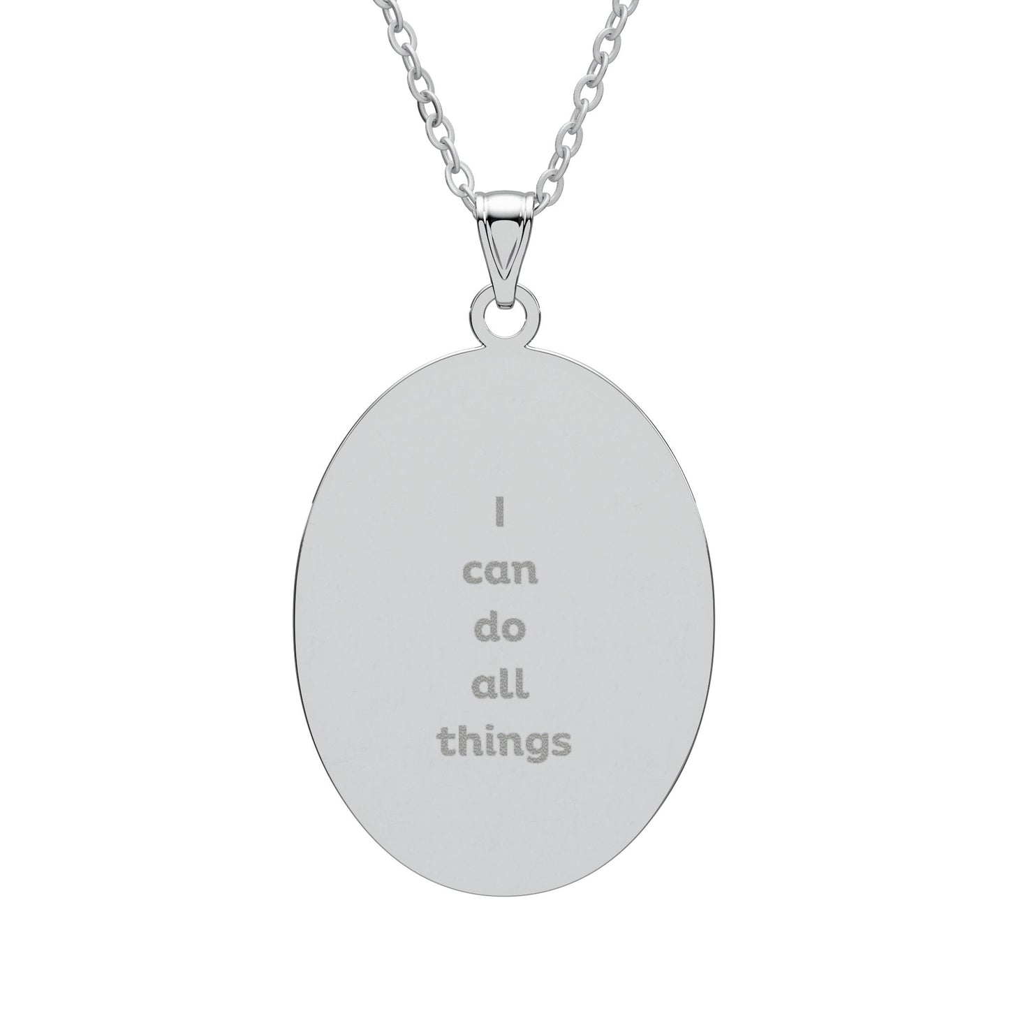 "I Can Do All Things" — Engraved Oval Pendant Necklace | Faith Scripture Jewelry | Philippians 4:13