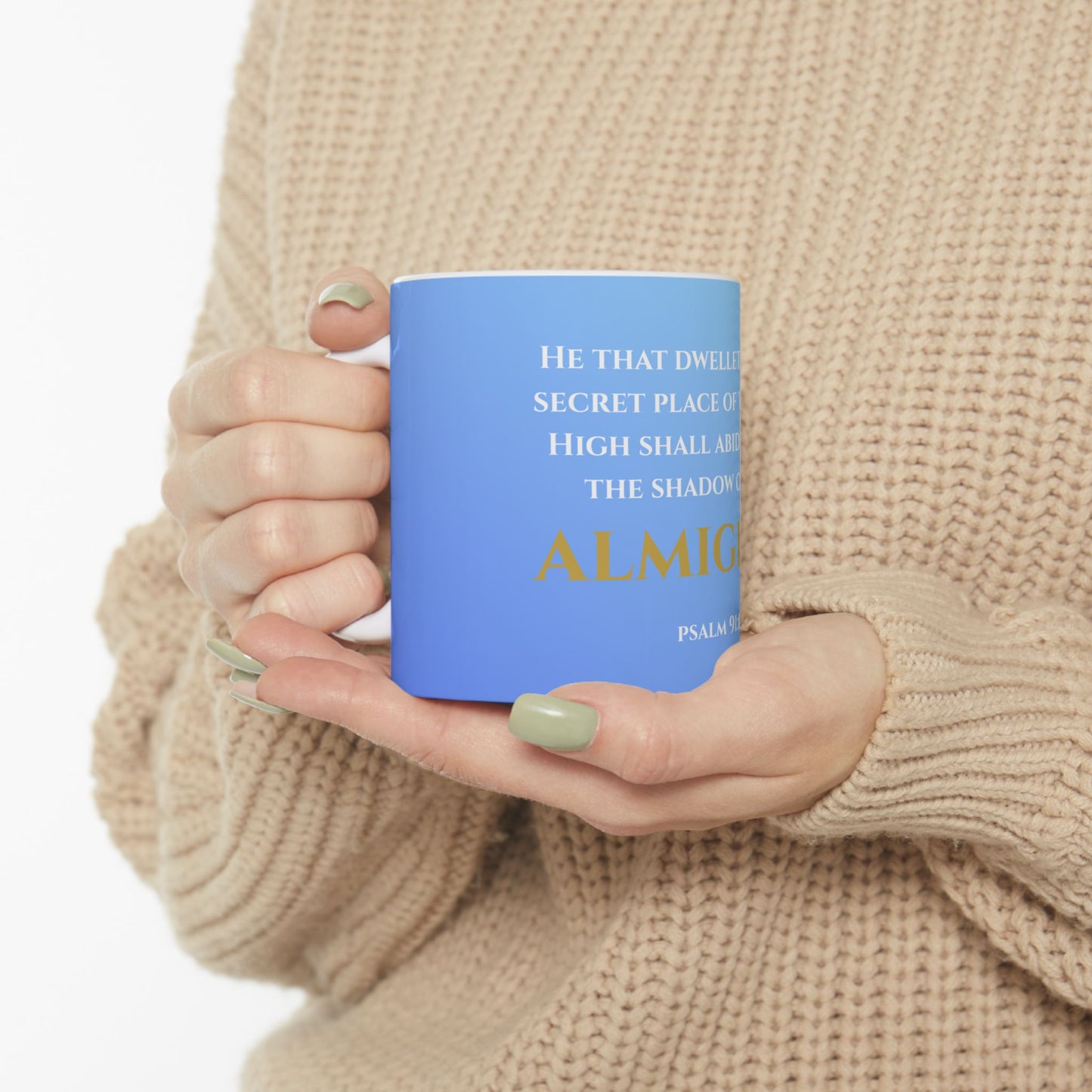 He That Dwelleth Scripture Mug | Psalm 91:1 | Heavenly Skies with White & Gold Lettering