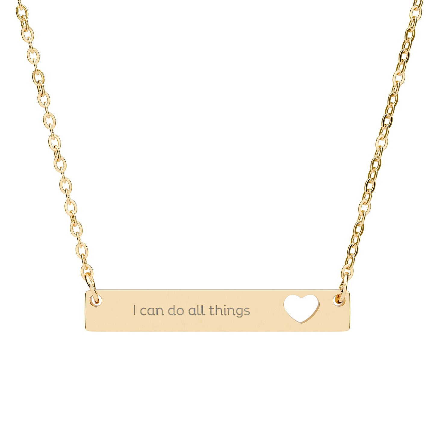 "I Can Do All Things" — Cutout Heart Bar Necklace | Faith Scripture Jewelry | Philippians 4:13
